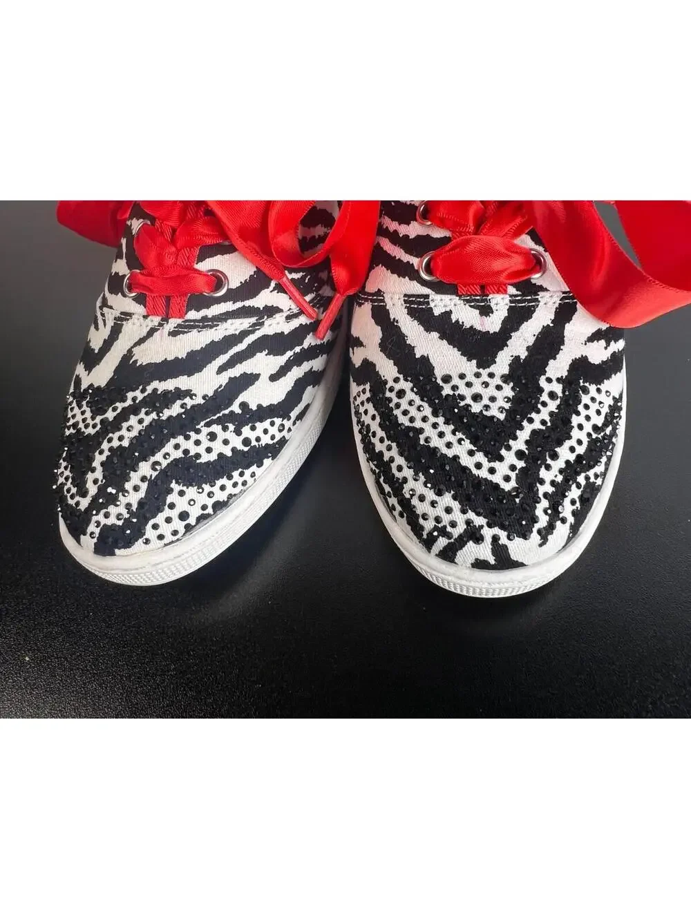 J Renee Zebra Print Sneakers 9Wide Rhinestone Toe Red Ribbon Lace Fashion Shoes - Picture 9 of 15